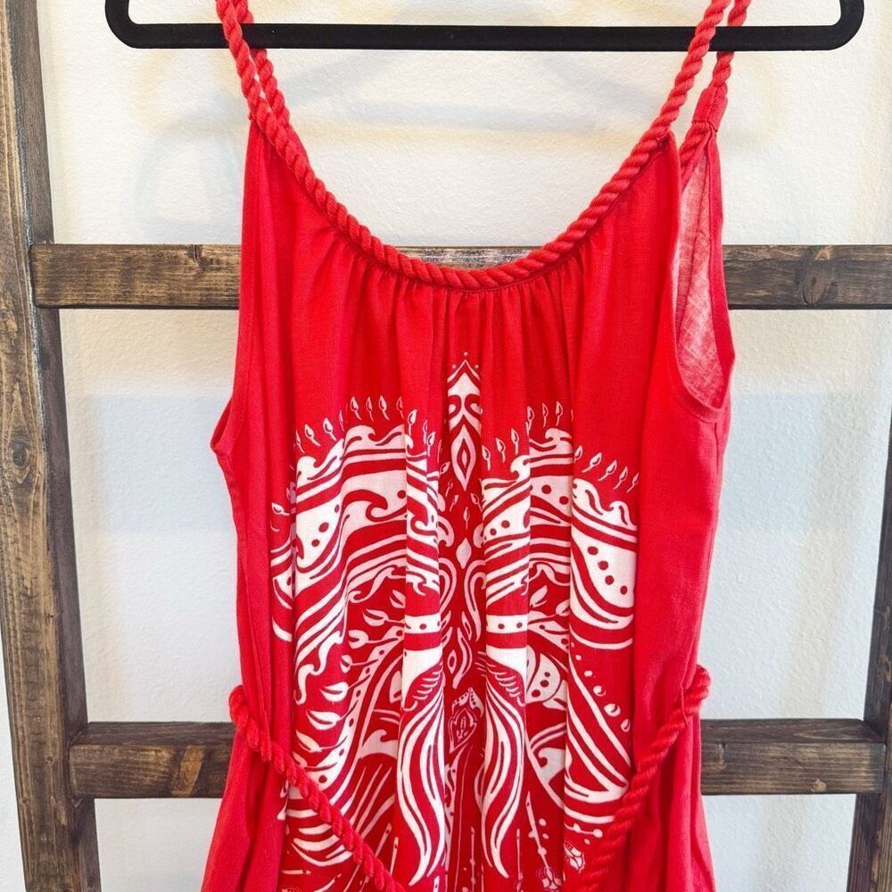 Farm Rio NWT Majestic Coconut Tree Maxi Dress Medium Red Linen Blend Tropical - Picture 5 of 9
